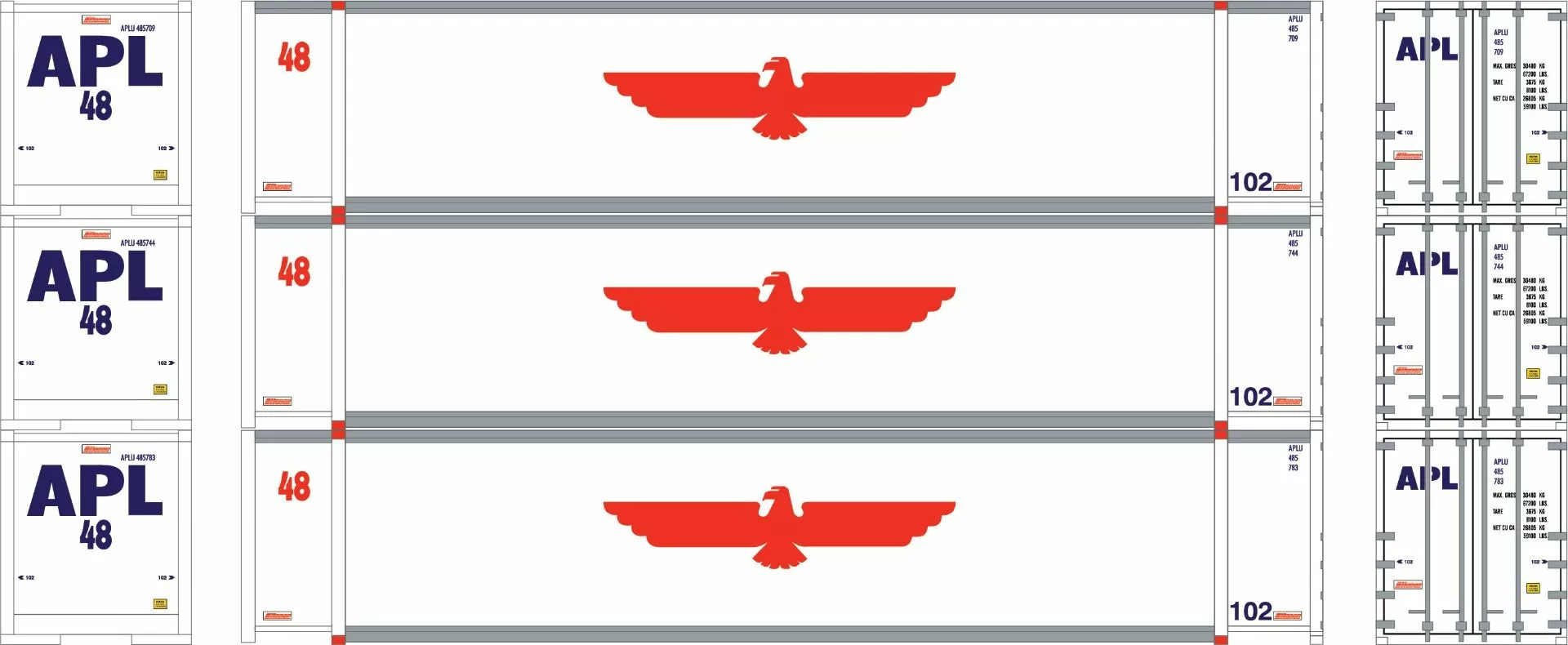 Athearn ATH19139, HO Scale 48ft Container, APLU #485709, 485744, 485783, 3-Pack