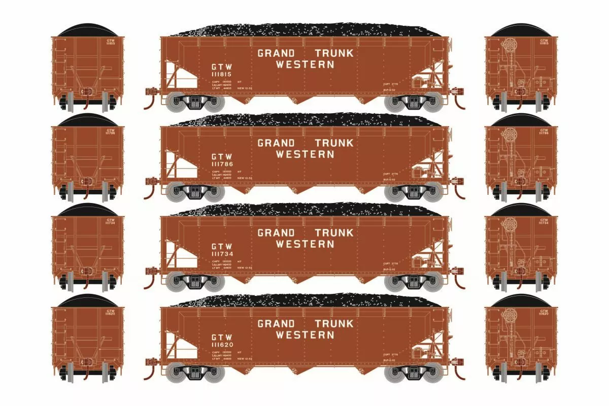 Athearn ATH33087 HO 40ft Offset Coal Hopper, Grand Trunk Western 4-Pack #1