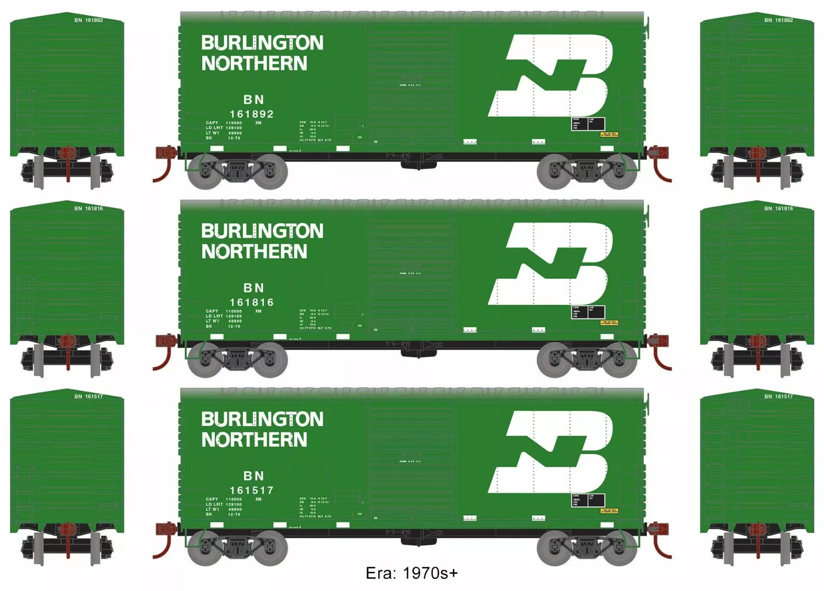Athearn ATH67965 HO 40ft Modernized Box Car, Burlington Northern 3-Pack