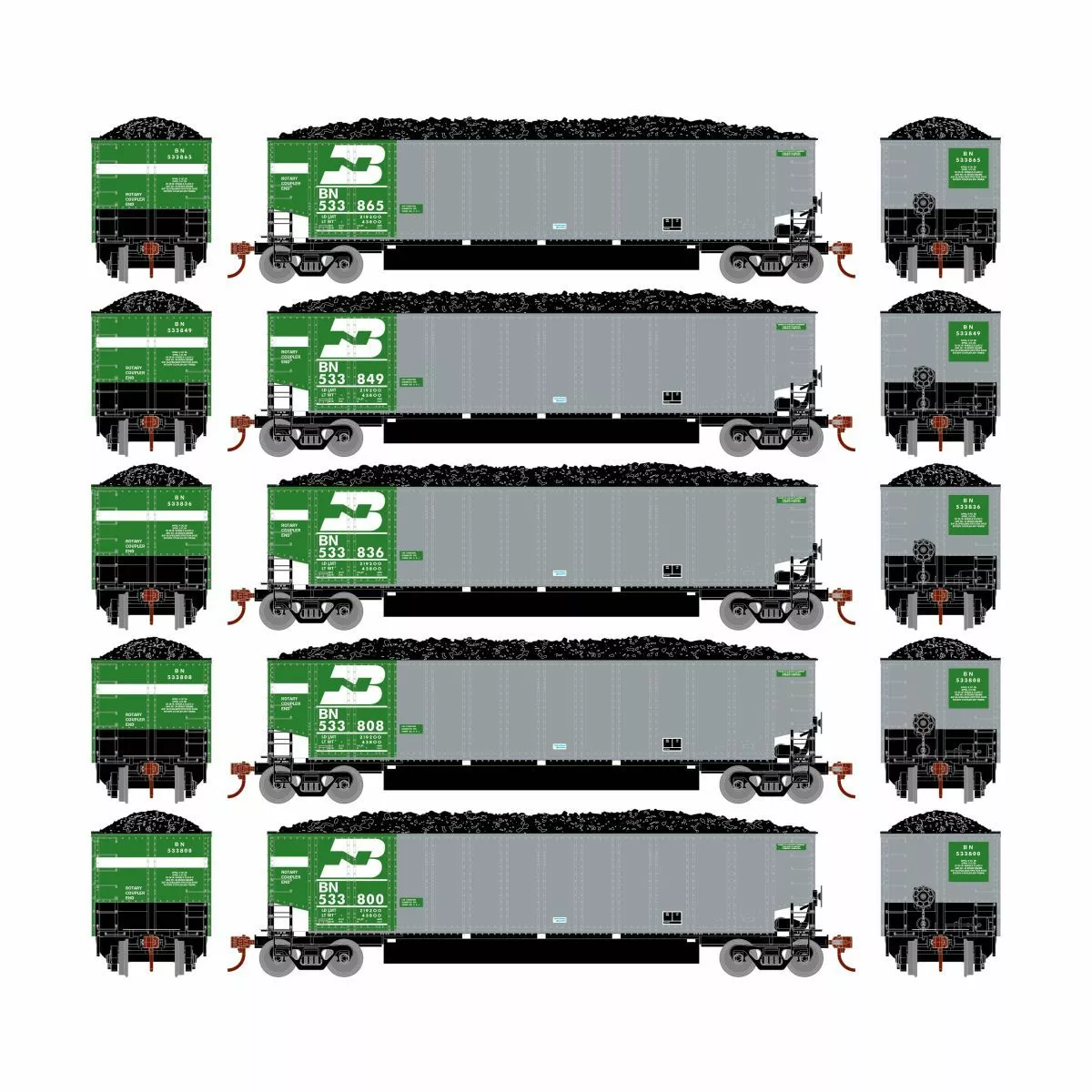 Athearn ATH81592 HO RTR Bethgon Coalporter 5-Pack, Burlington Northern #1