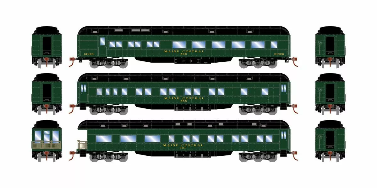 Athearn ATH88234 HO Heavyweight 3-Pack Diner/Coach/Observation, Maine Central